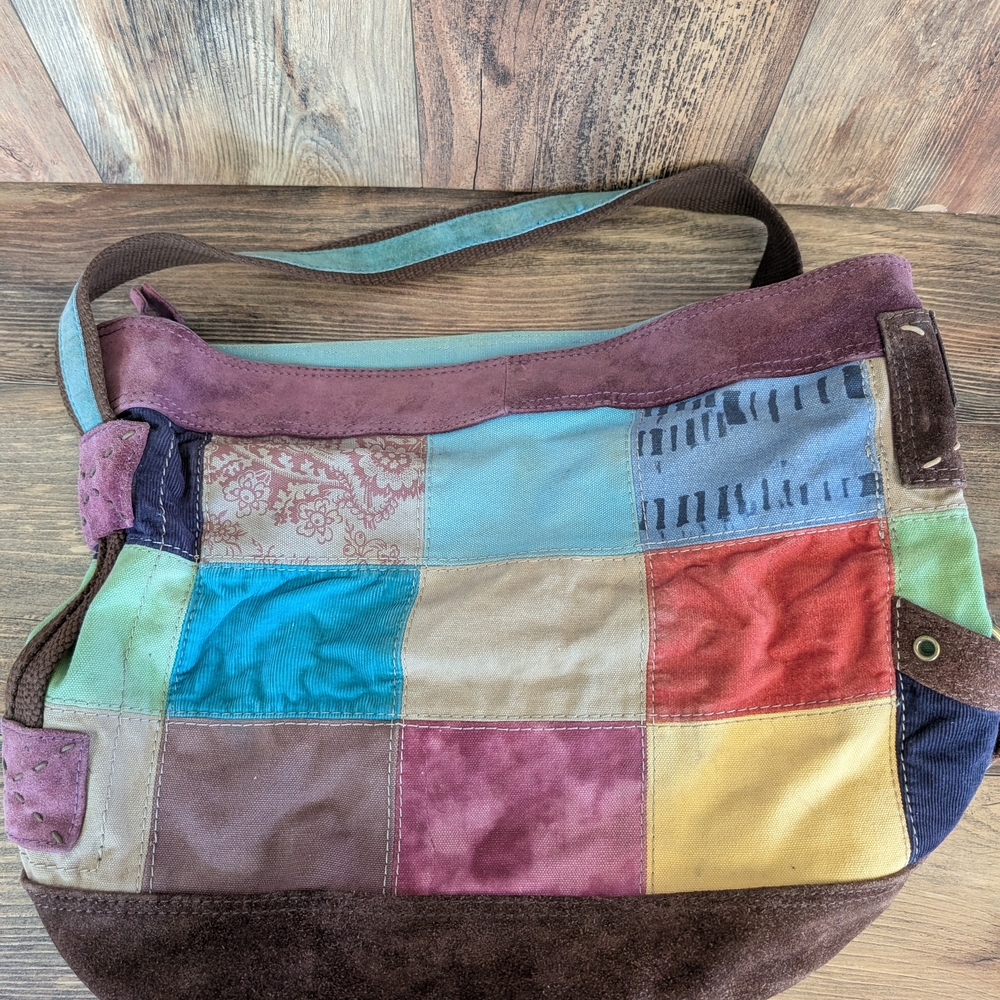 Lucky Brand Oversized Patchwork Suede Canvas Tote Vintage Adjustable Purse Bag - Picture 3 of 15
